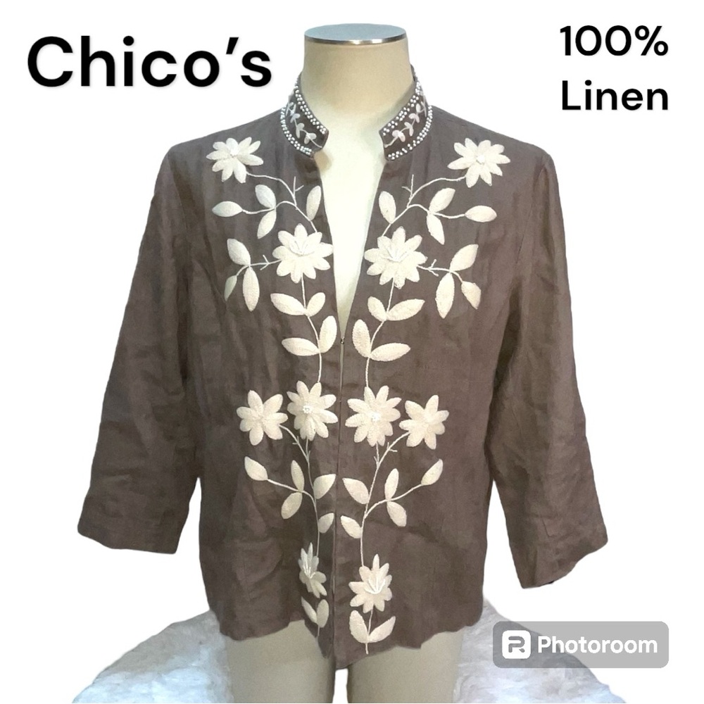 Chico's 100% Linen Beaded and Emroidered Floral Print Taupe Blazer Chicos Size 2